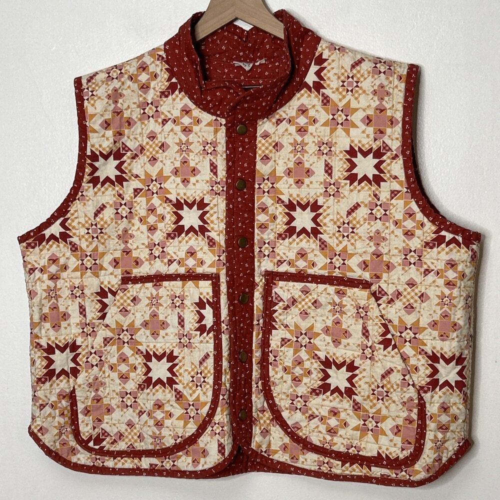 Quilted Granny Vest XXL Snap Patch Pocket Prairie Red Maroon Cream Floral Boxy
